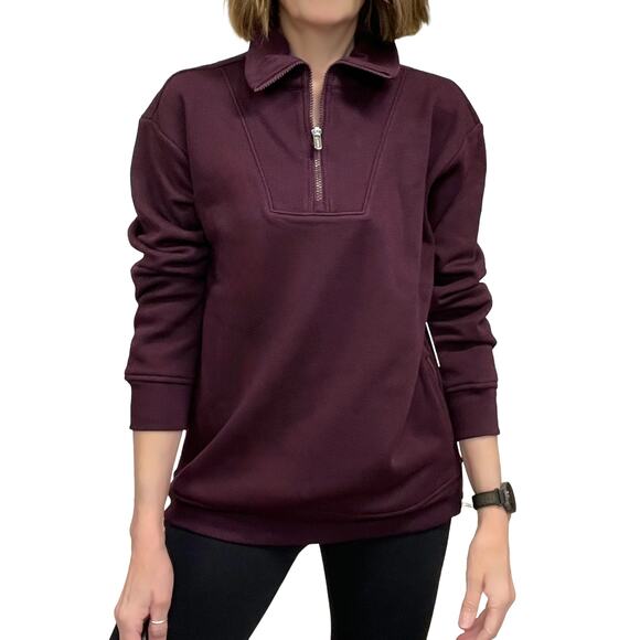 Athleta Cozy Karma 1/2 Zip Sweatshirt Sz S New $109 Cabernet Red Fleece Pullover - Picture 2 of 12